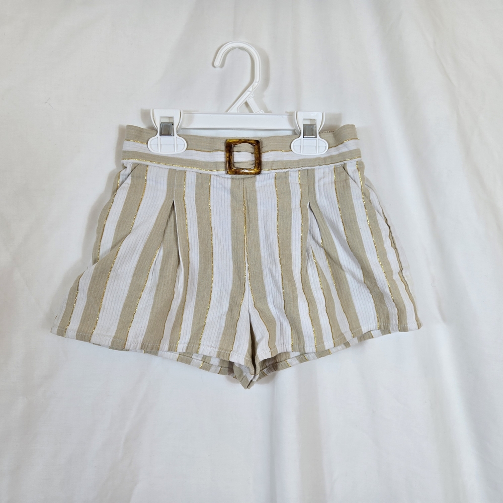 Janie & Jack Girls Tan White Gold Striped Faux Belt Elastic Waist Preppy Short 7